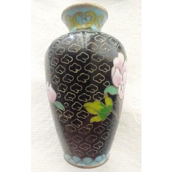Cloisonne Vase Tiny Vintage Chinese Black Pink Green Blue Floral Design - Picture 3 of 10